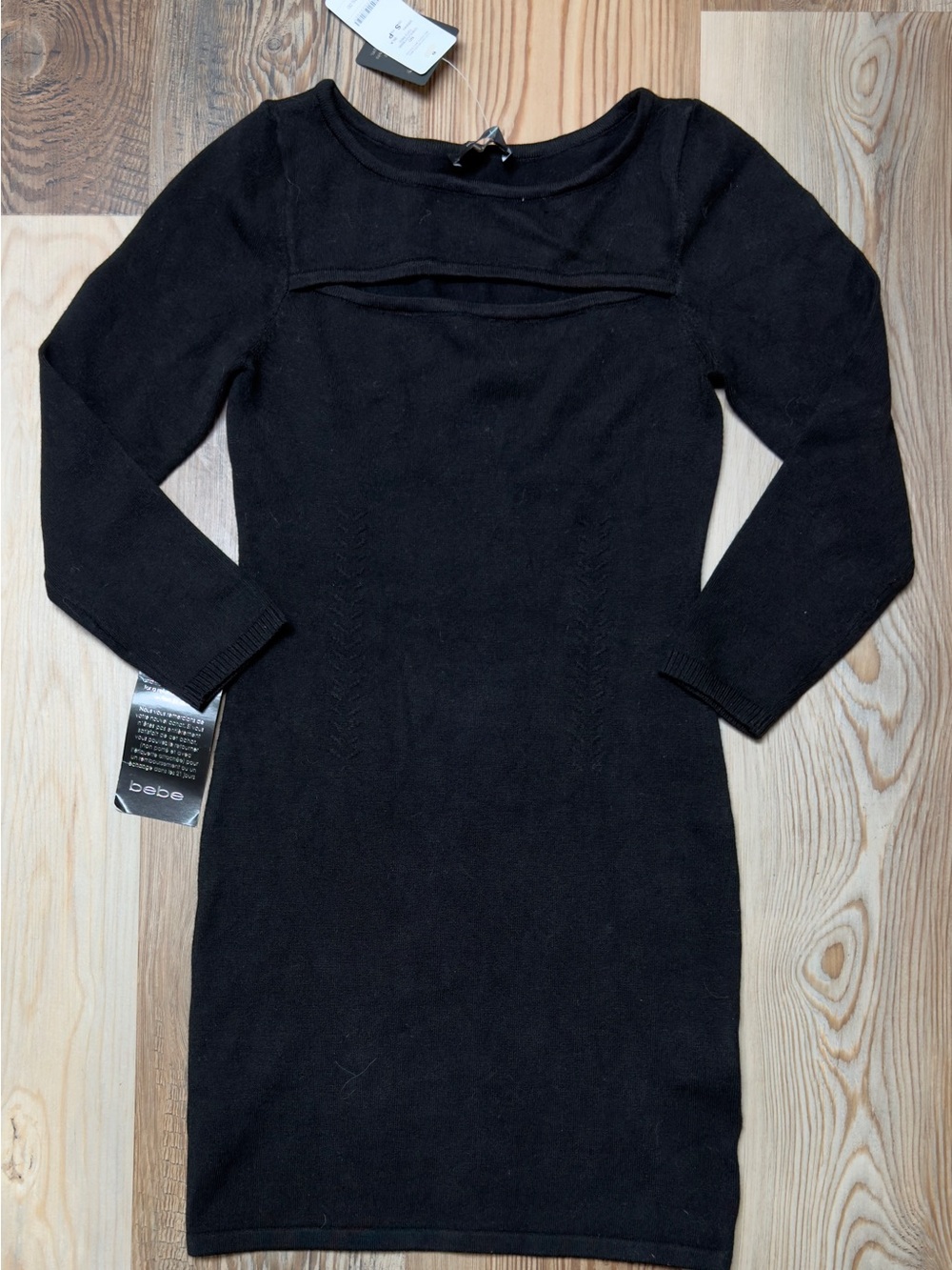 Bebe Black Cut Out Belted Midi Dress Long Sleeve Bodycon NWT Size S